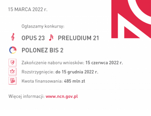 NCN ogłoszenia o konkursach PRELUDIUM 21, OPUS 23, POLONEZ BIS 2